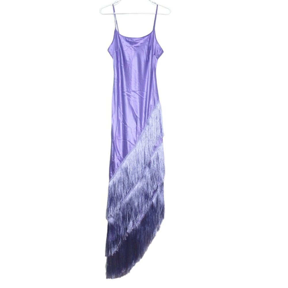 Delfi Collective 100% Silk Cristina Asymmetrical Fringe Dress Lavender Purple L - Picture 6 of 10